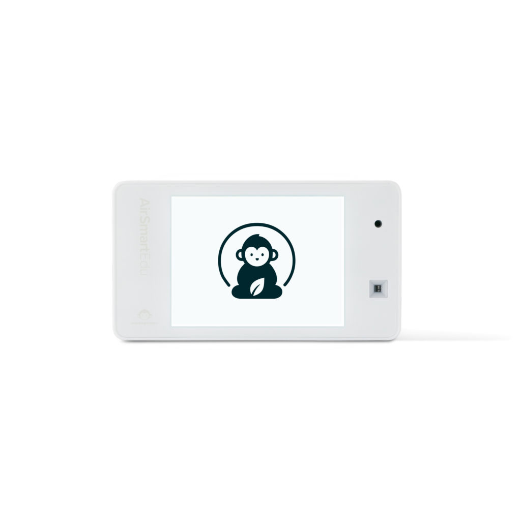 AirSmart EcoConnect, front view, its screen showing the Monkeytronics logo.