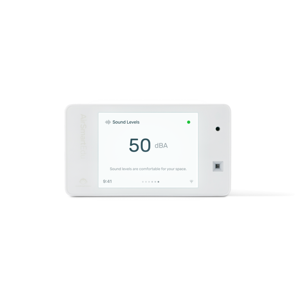 AirSmart EcoConnect, front view, its screen showing the sound level.