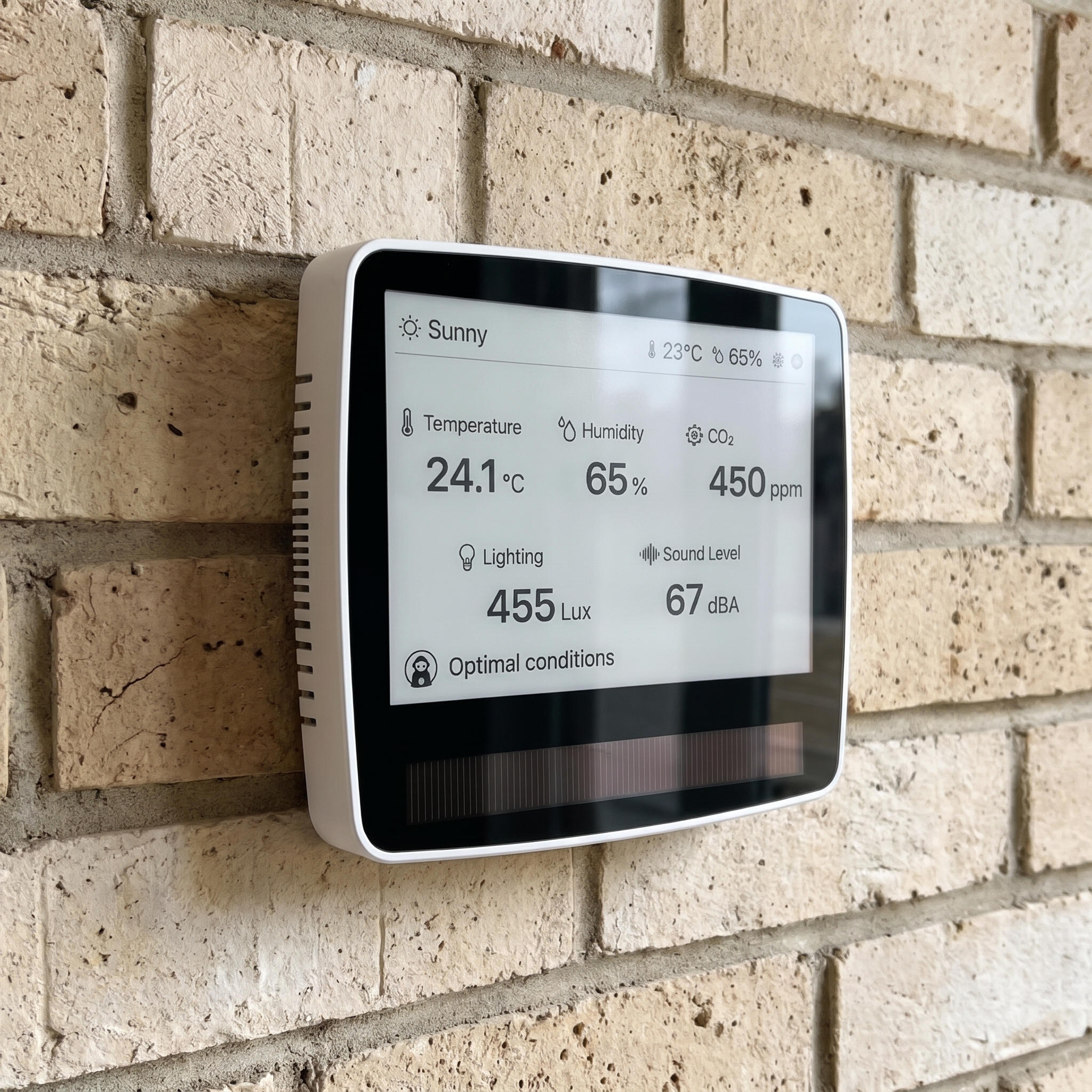 AirSmart Solar Max on a brick wall, its e-paper screen showing temperature, humidity, CO₂, lighting and sound.