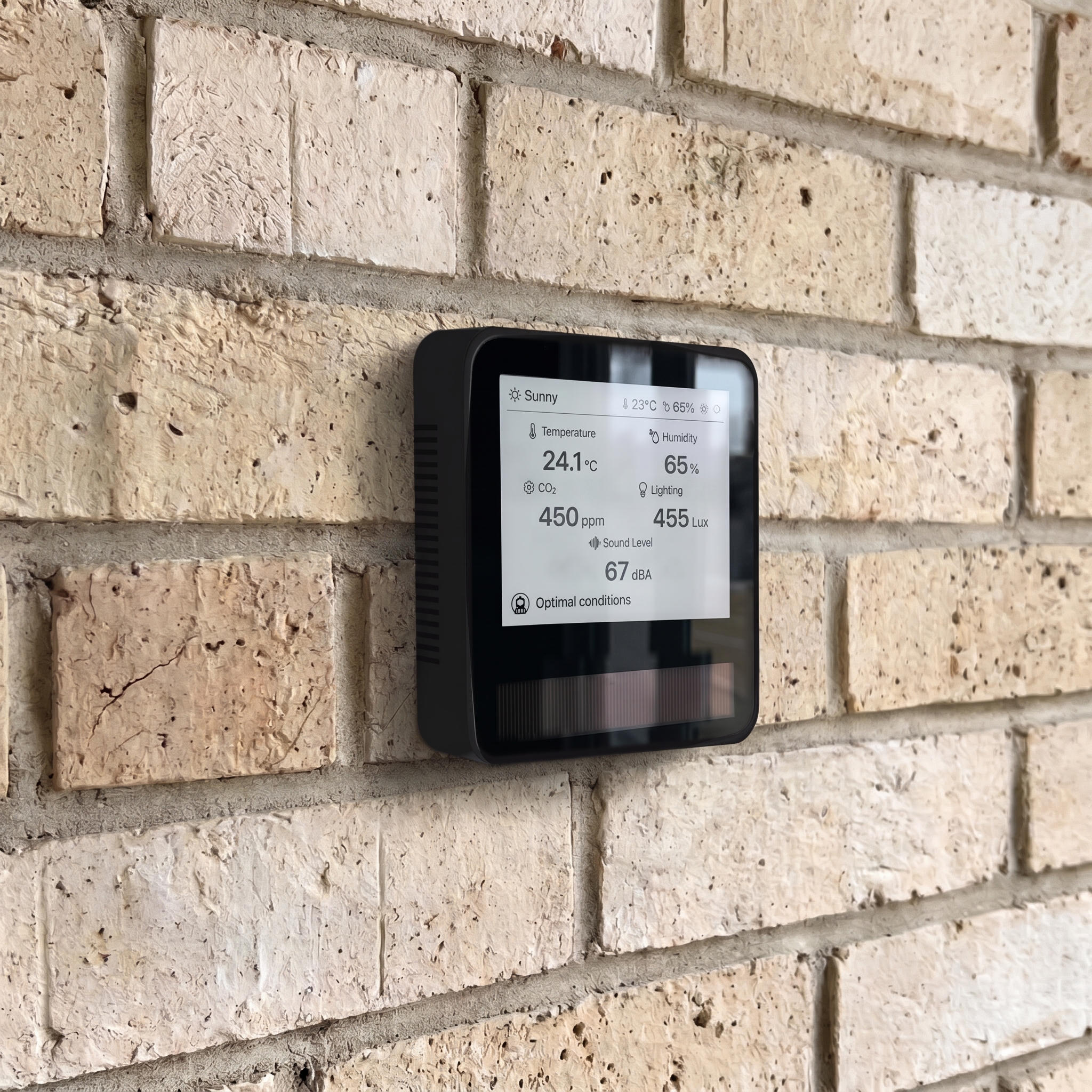 AirSmart Solar Mini in matte black on a brick wall, its e-paper screen showing temperature, humidity, CO₂, lighting and sound.